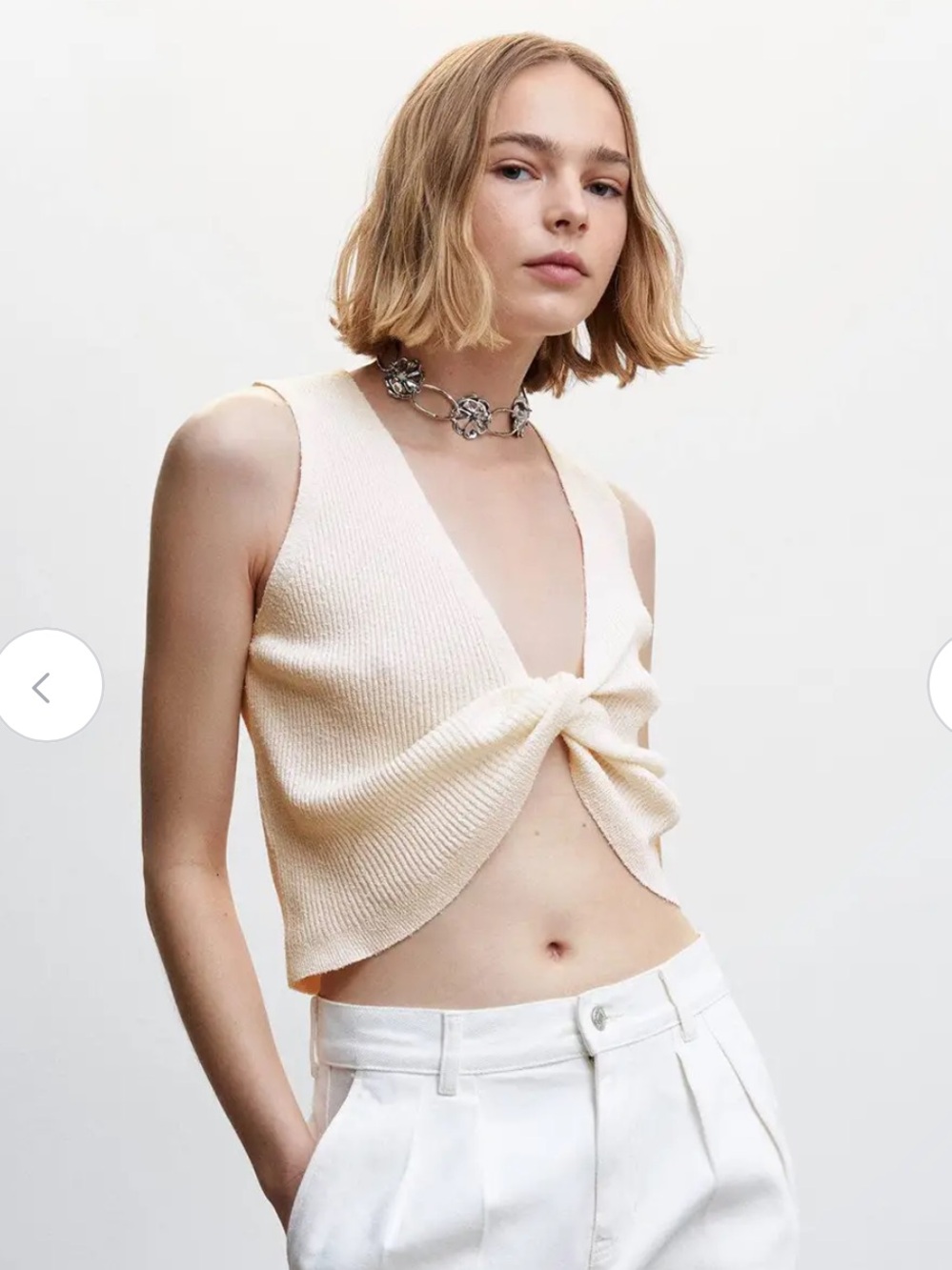 Mango Cream Knit Twist-Front Crop Top